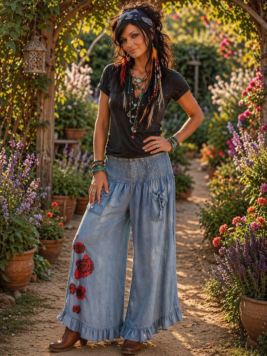 Denim - Light Blue Floral-Accent Wide Leg Smocked Waist Pants